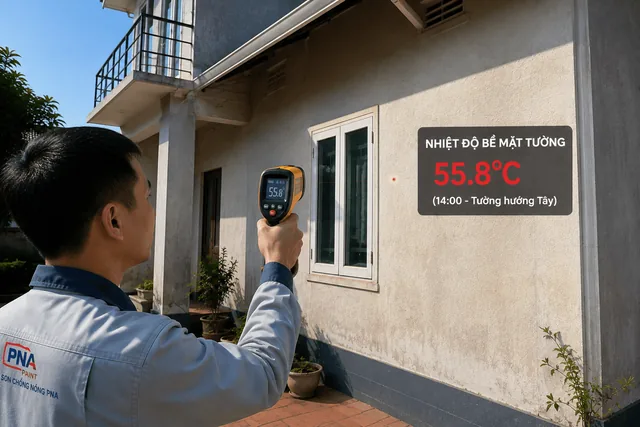 Kỹ thuật viên PNA đo nhiệt độ bề mặt tường bằng súng đo hồng ngoại, kết quả 55,8°C