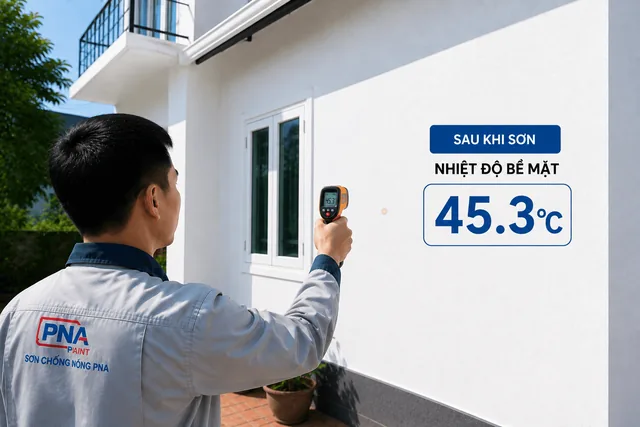 Kỹ thuật viên đo lại nhiệt độ bề mặt tường sau khi sơn chống nóng, kết quả 45,3°C