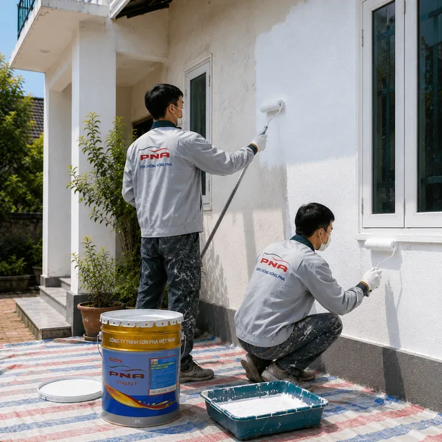 Hai công nhân PNA lăn sơn chống nóng màu trắng lên tường ngoài nhà phố tại Hưng Yên