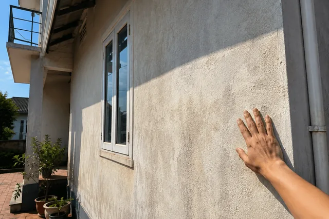 Bàn tay áp lên tường ngoài nắng gắt để cảm nhận nhiệt độ bề mặt trước khi sơn chống nóng