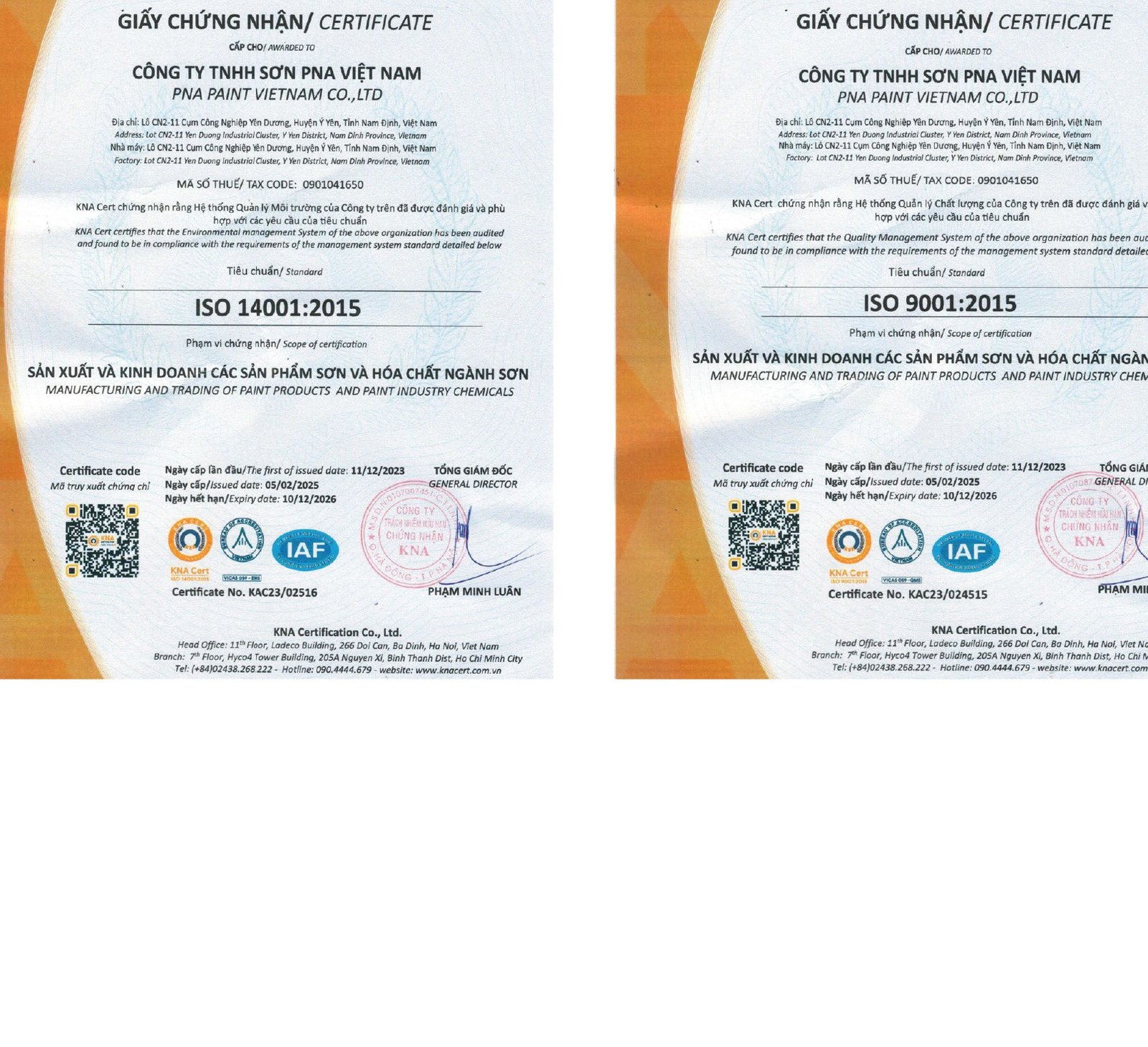 Giấy chứng nhận ISO 9001:2015 và ISO 14001:2015 cấp bởi KNA Cert cho Sơn PNA Việt Nam