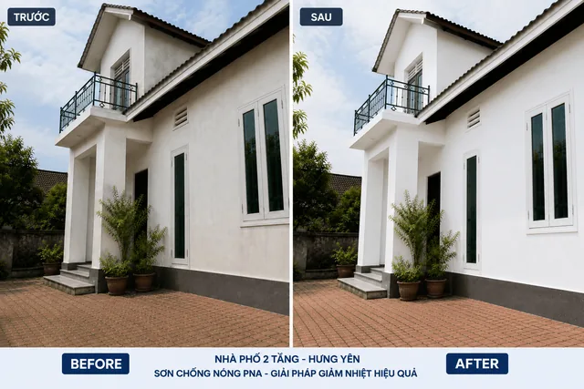 Ảnh so sánh trước và sau khi sơn chống nóng tường nhà phố 2 tầng tại Hưng Yên