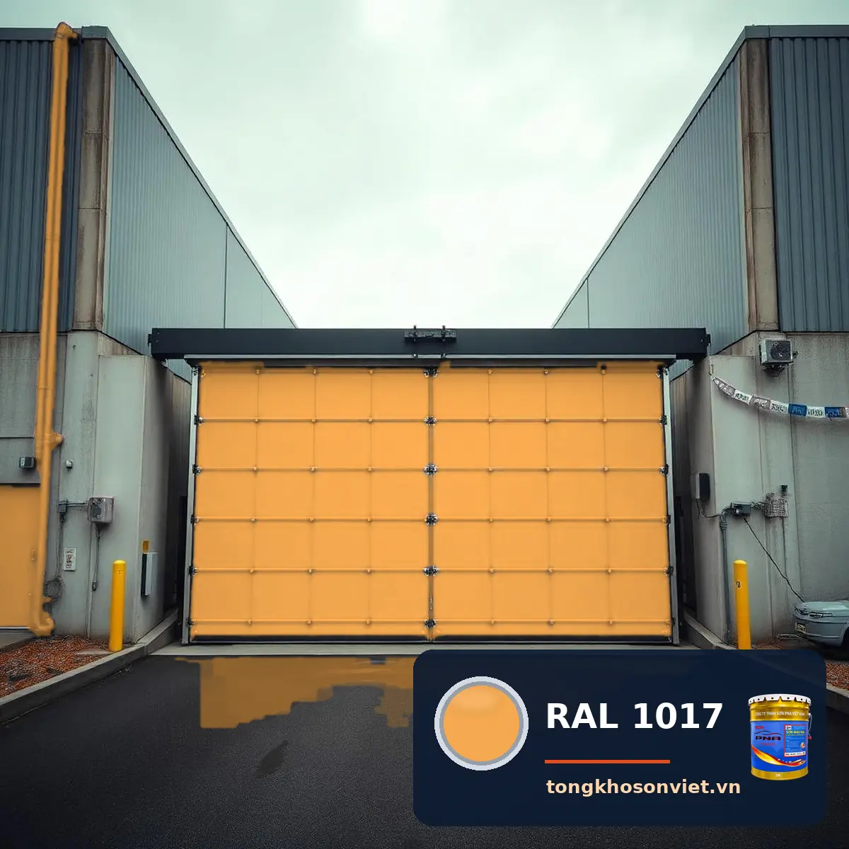 cổng trượt – cửa thép lớn nhà máy sơn phủ màu RAL 1017 Vàng nghệ tây (Saffron yellow)