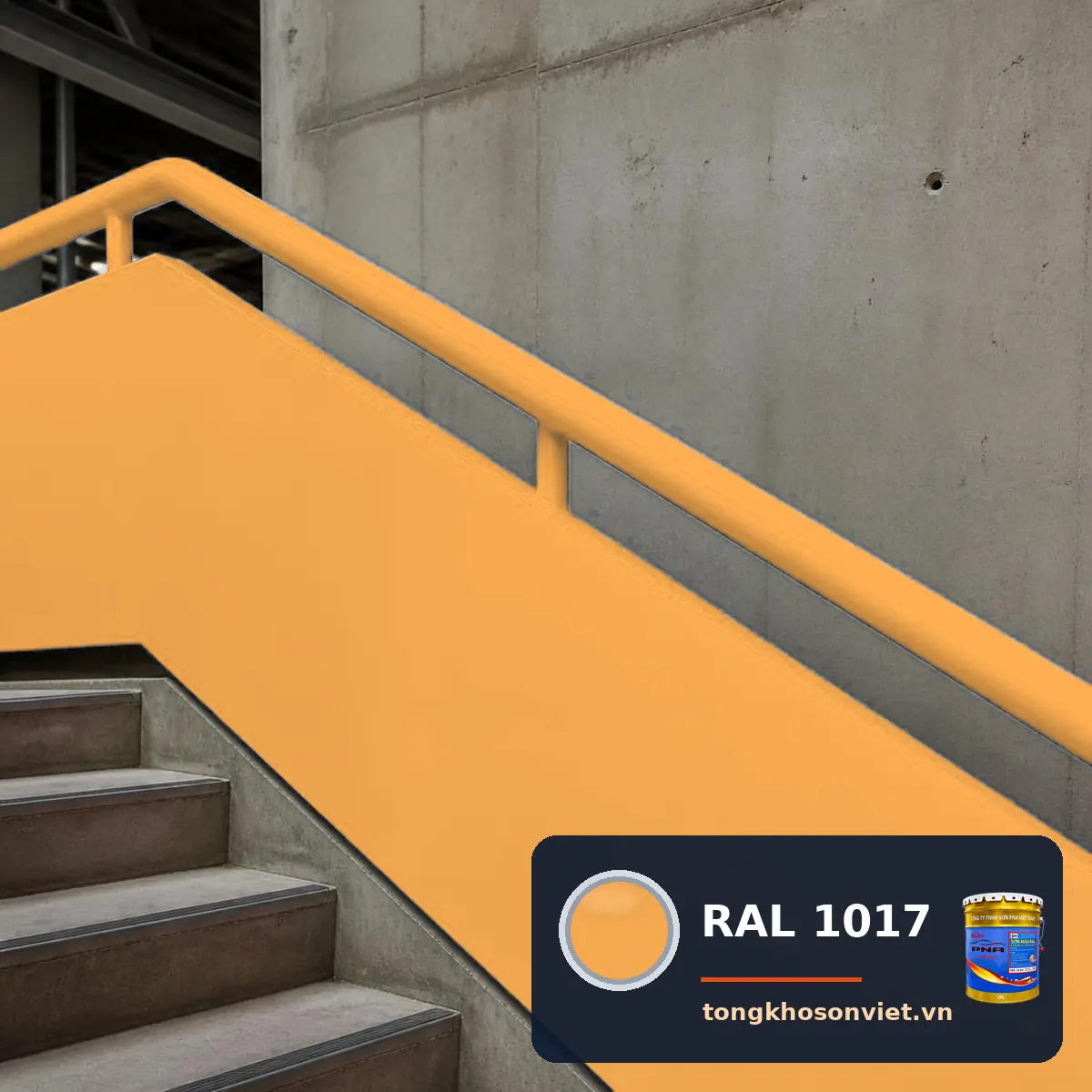 cầu thang – lan can thép trong nhà xưởng sơn phủ màu RAL 1017 Vàng nghệ tây (Saffron yellow)