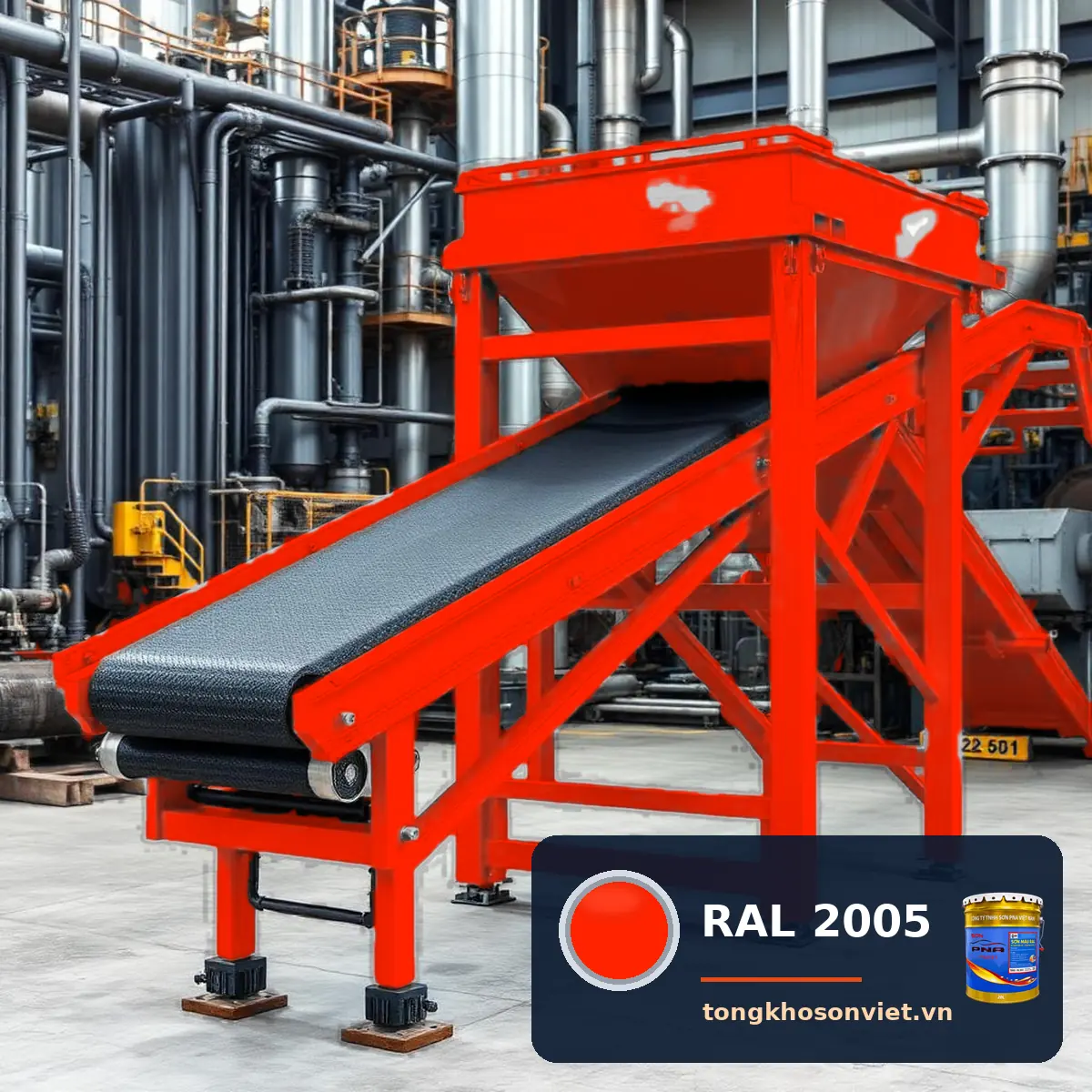 băng tải, phễu liệu trong nhà máy sơn phủ màu RAL 2005 Cam phát quang (Luminous orange)