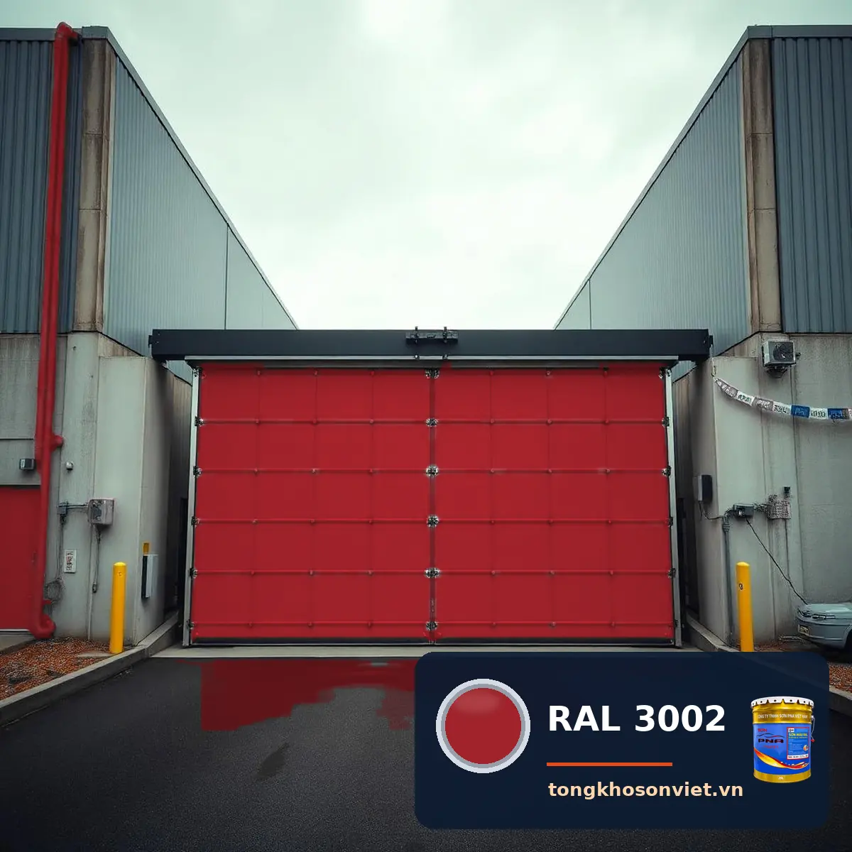 cổng trượt – cửa thép lớn nhà máy sơn phủ màu RAL 3002 Đỏ đỏ carmine (Carmine red)