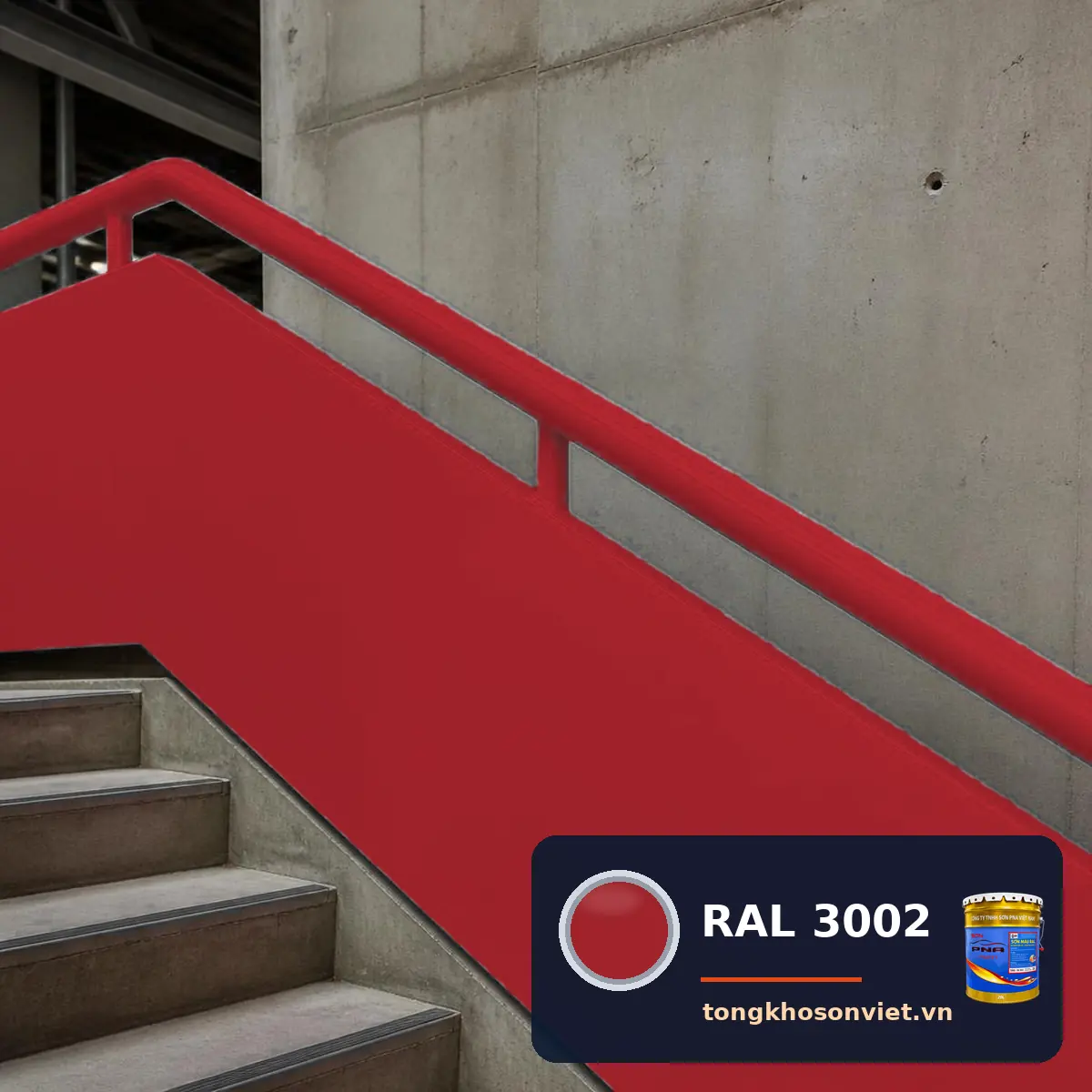 cầu thang – lan can thép trong nhà xưởng sơn phủ màu RAL 3002 Đỏ đỏ carmine (Carmine red)