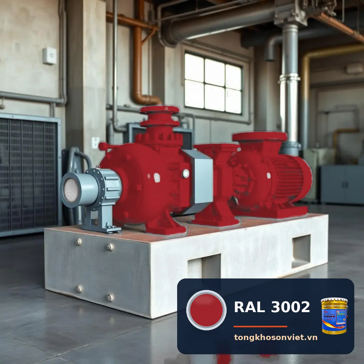 máy bơm, động cơ điện trên bệ bê tông sơn phủ màu RAL 3002 Đỏ đỏ carmine (Carmine red)