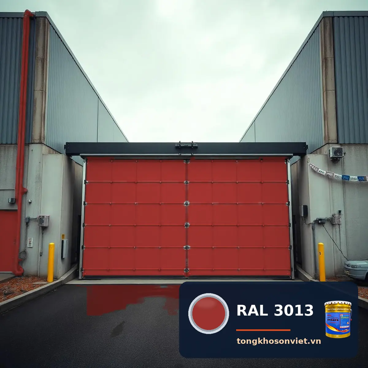 cổng trượt – cửa thép lớn nhà máy sơn phủ màu RAL 3013 Đỏ cà chua (Tomato red)