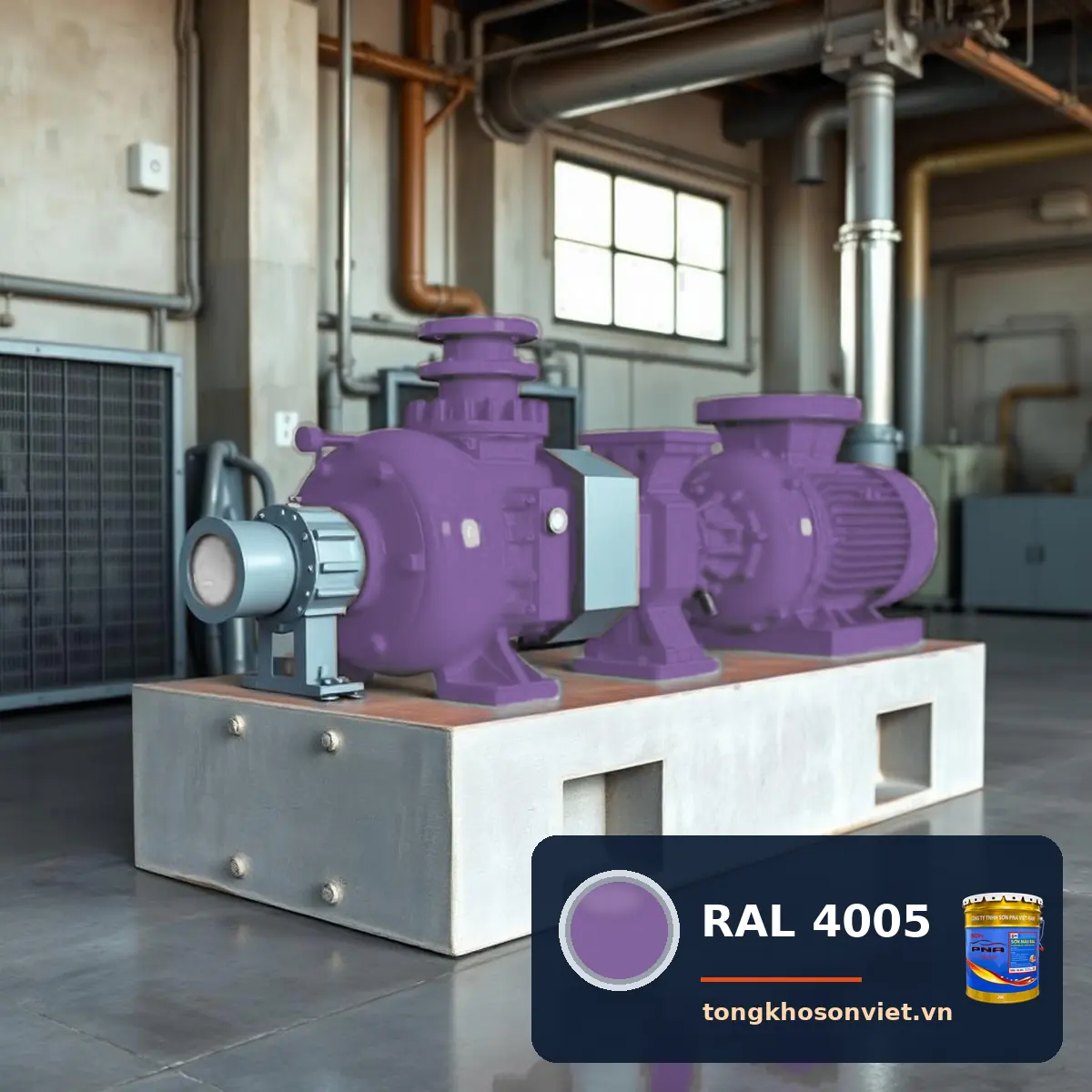 máy bơm, động cơ điện trên bệ bê tông sơn phủ màu RAL 4005 lilac xanh dương (Blue lilac)
