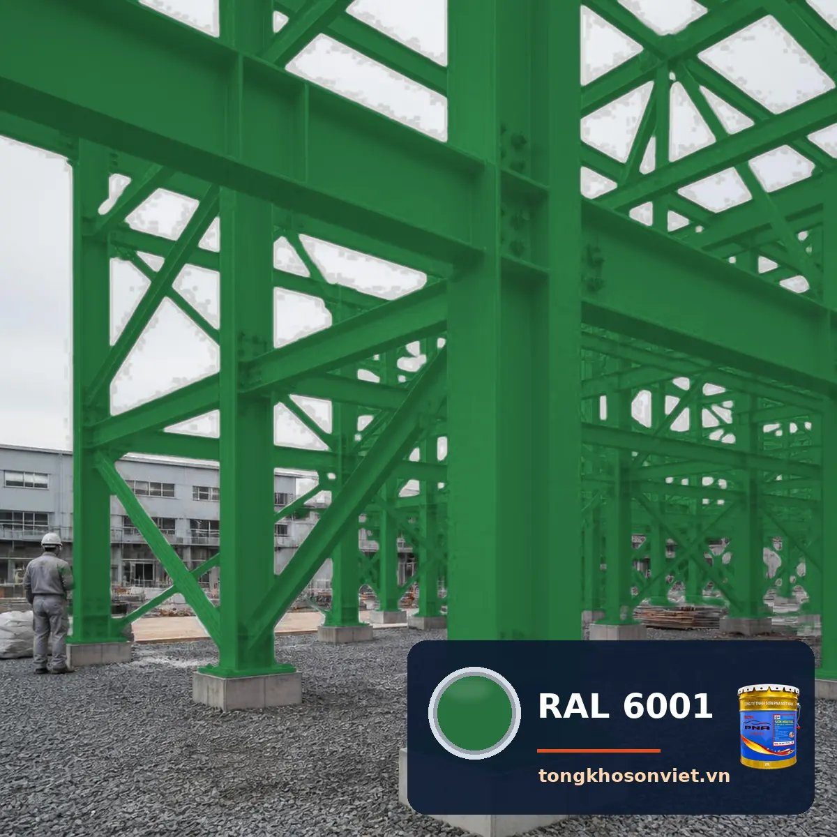 kết cấu thép nhà xưởng ngoài trời sơn phủ màu RAL 6001 Xanh lá ngọc lục bảo (Emerald green)