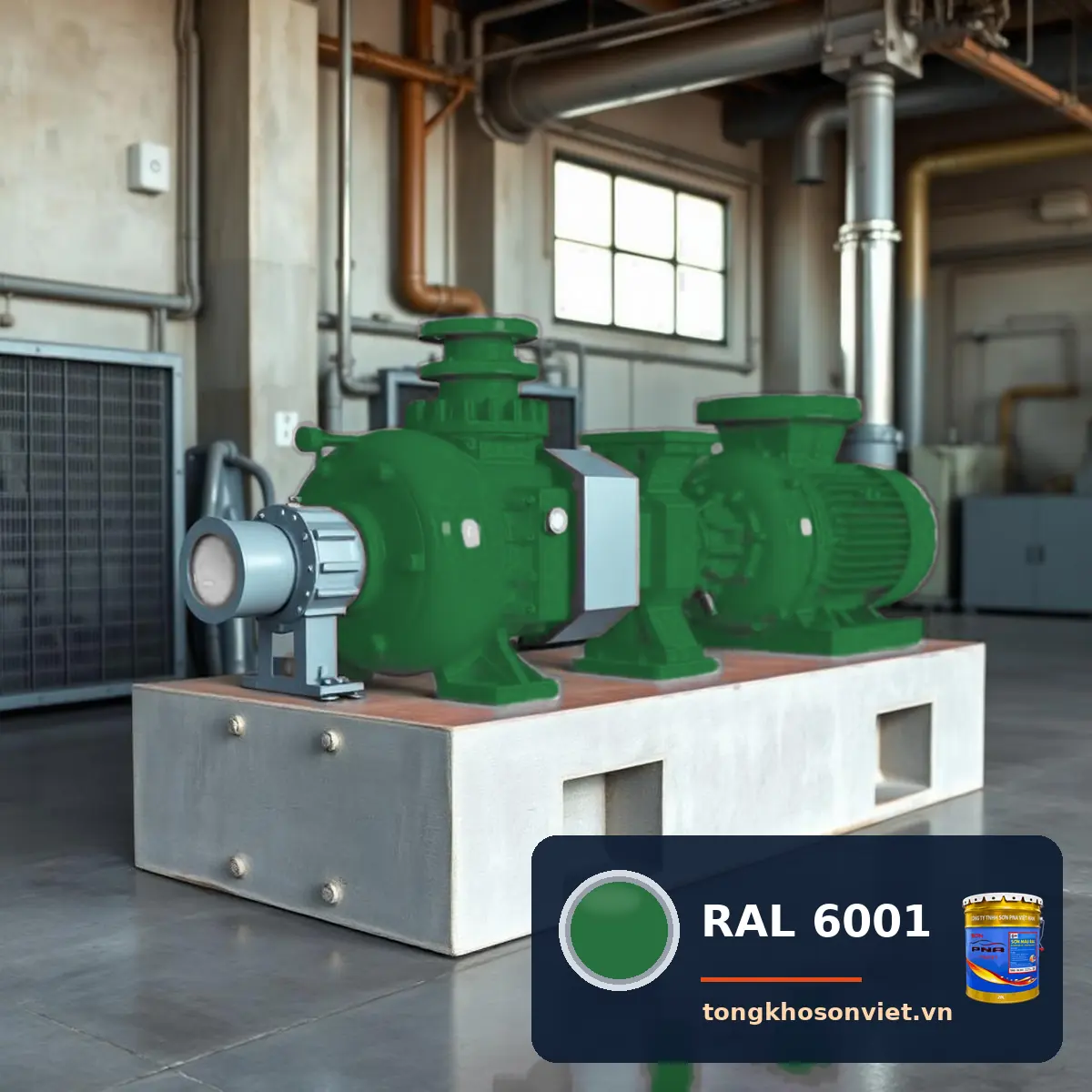 máy bơm, động cơ điện trên bệ bê tông sơn phủ màu RAL 6001 Xanh lá ngọc lục bảo (Emerald green)