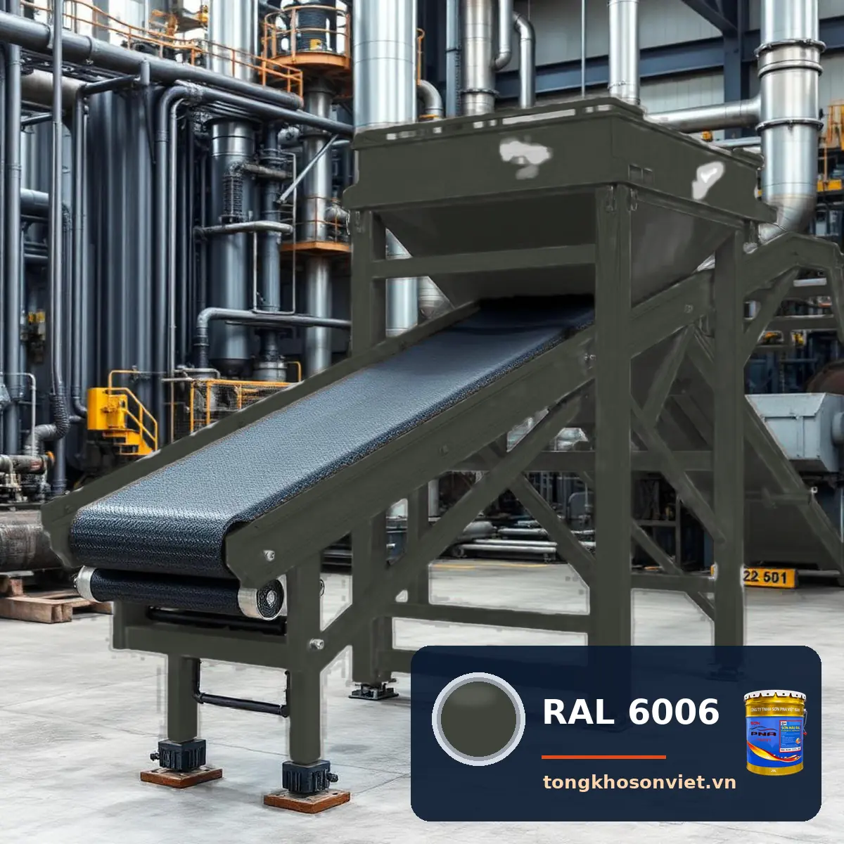 băng tải, phễu liệu trong nhà máy sơn phủ màu RAL 6006 Ô liu xám (Grey olive)