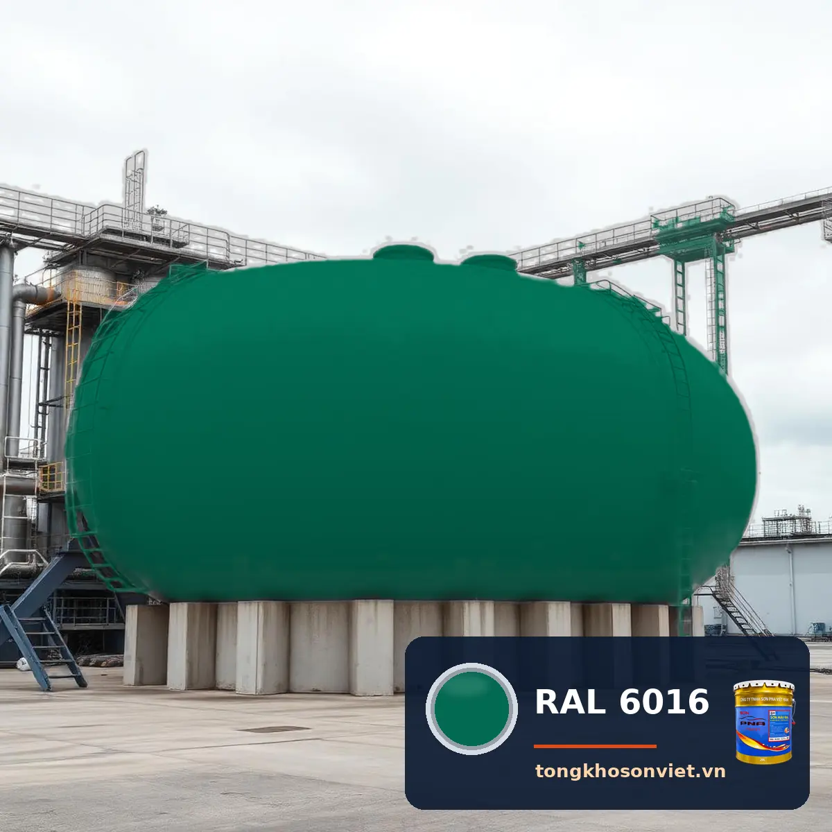 bồn chứa nằm ngang trên gối bê tông sơn phủ màu RAL 6016 Xanh lá ngọc lam (Turquoise green)