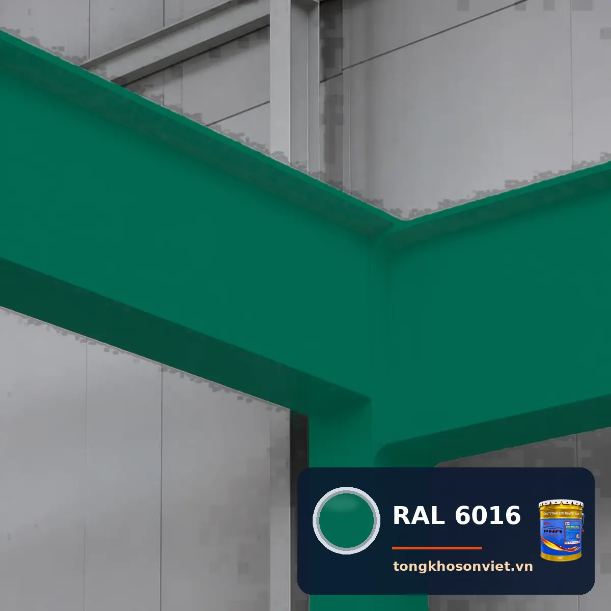 giàn thép mái nhịp lớn trong nhà xưởng sơn phủ màu RAL 6016 Xanh lá ngọc lam (Turquoise green)
