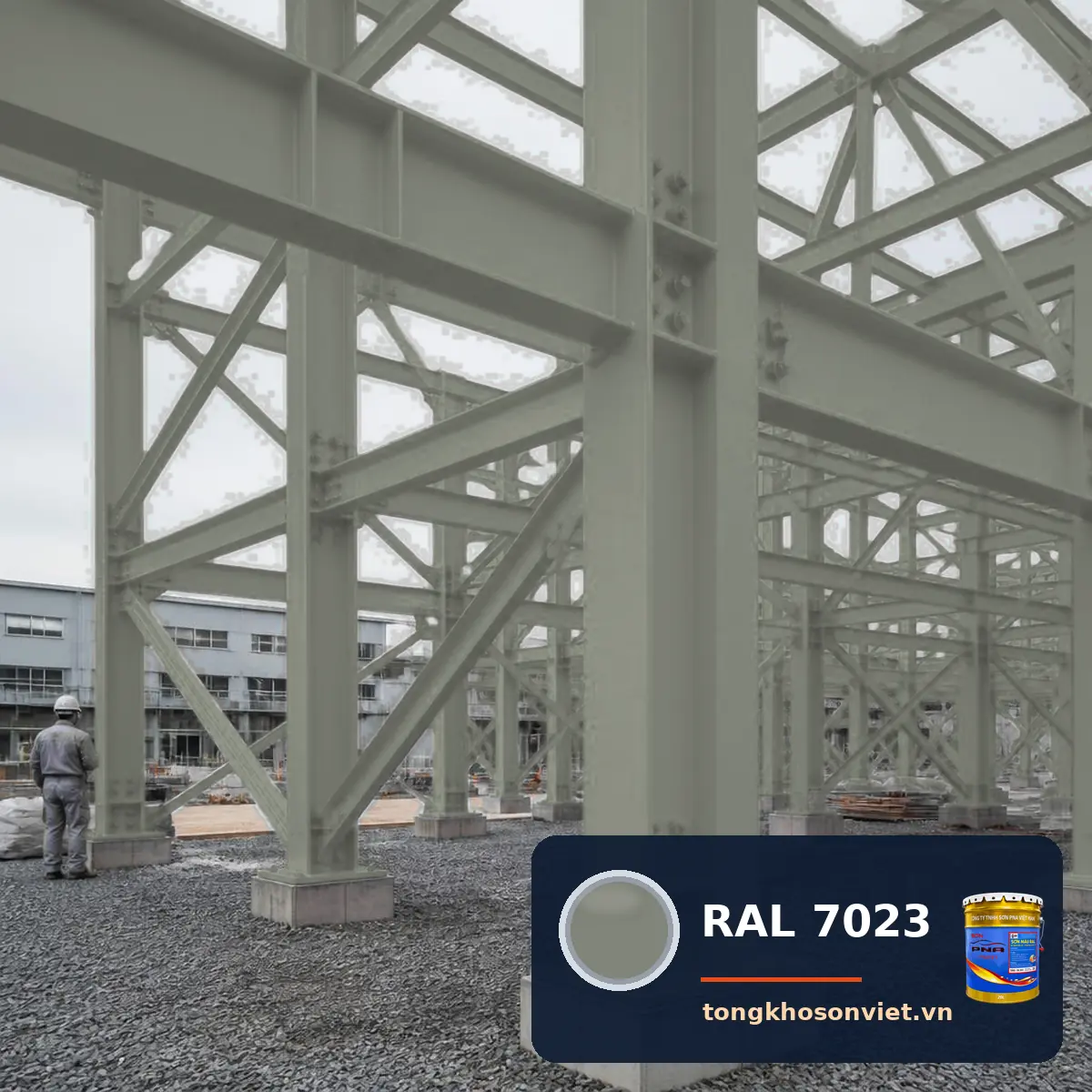 kết cấu thép nhà xưởng ngoài trời sơn phủ màu RAL 7023 Xám bê tông (Concrete grey)