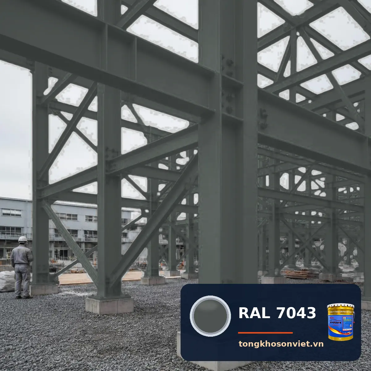 kết cấu thép nhà xưởng ngoài trời sơn phủ màu RAL 7043 Xám giao thông B (Traffic grey B)