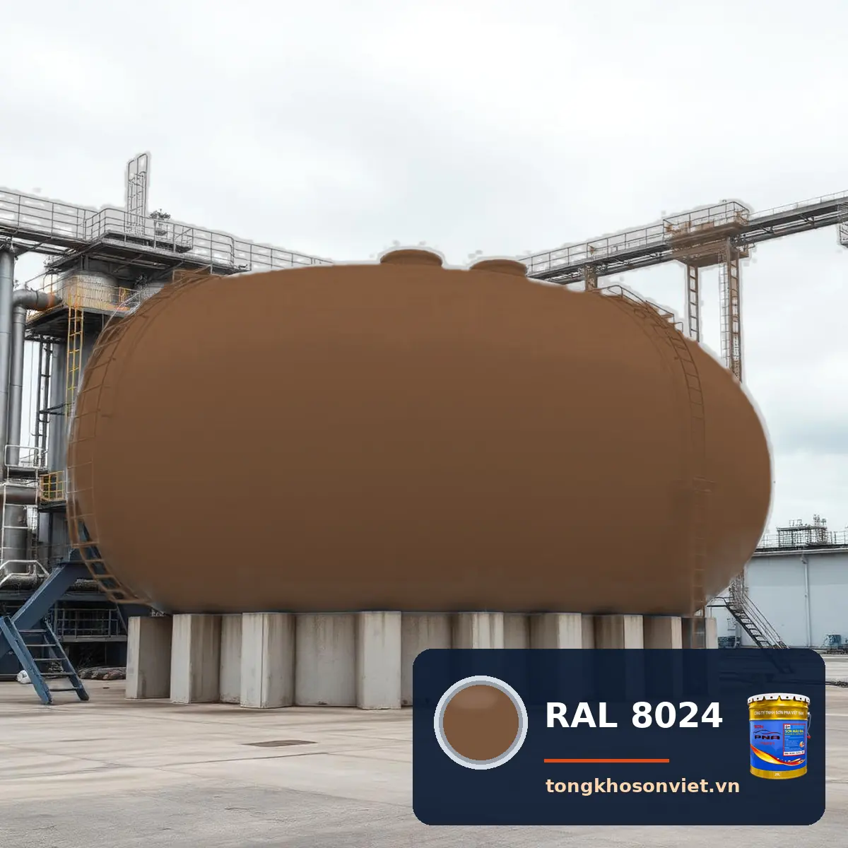 bồn chứa nằm ngang trên gối bê tông sơn phủ màu RAL 8024 Nâu be (Beige brown)