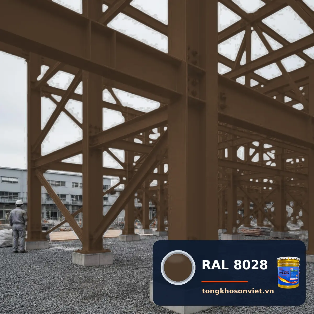 kết cấu thép nhà xưởng ngoài trời sơn phủ màu RAL 8028 Nâu terra (Terra brown)