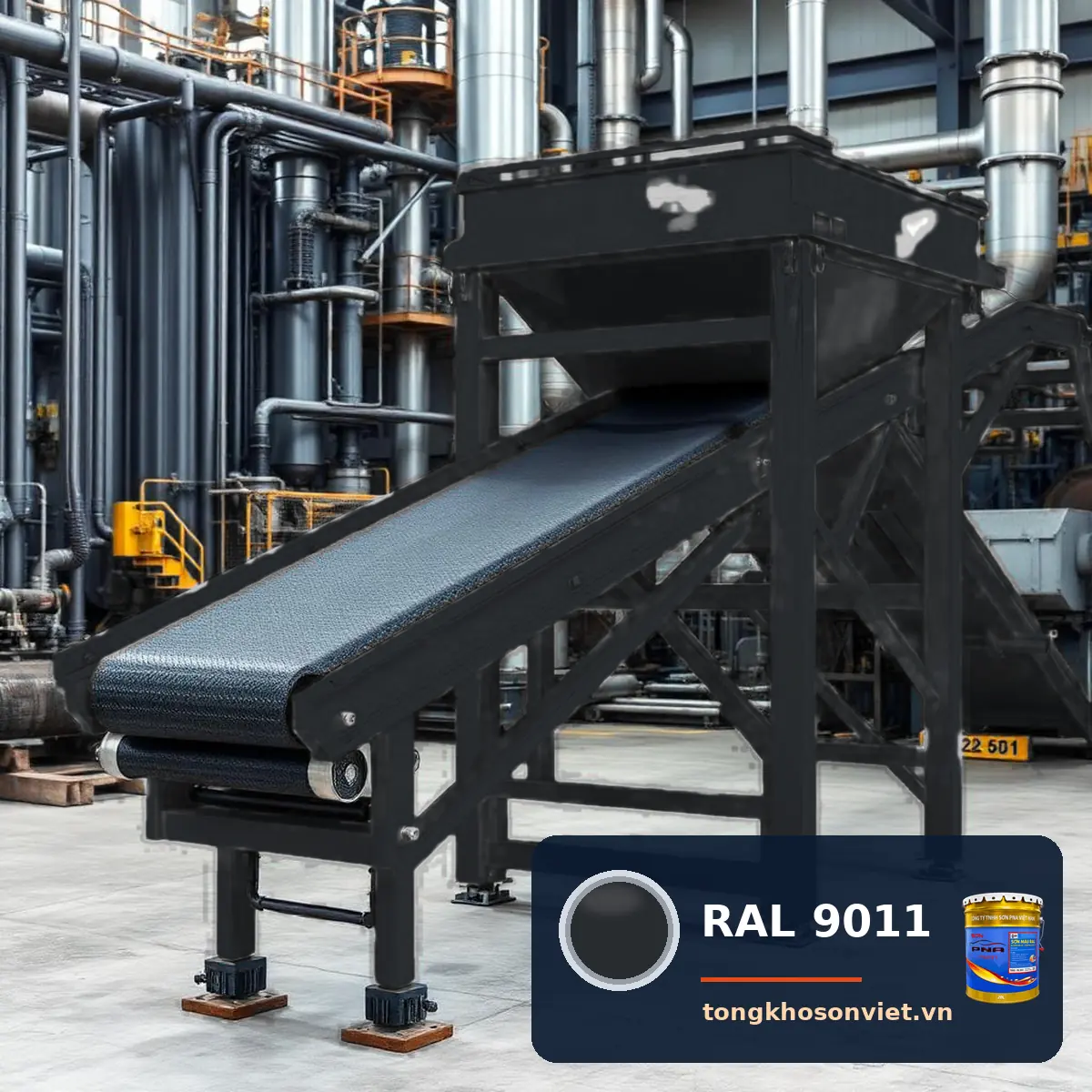 băng tải, phễu liệu trong nhà máy sơn phủ màu RAL 9011 Đen than chì (Graphite black)
